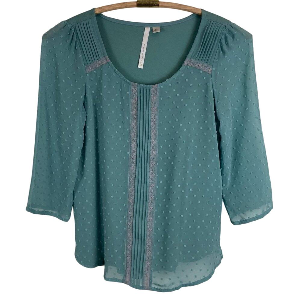 LC Lauren Conrad Green Top With Tucks Lace Trim Chenille Accents Size XS